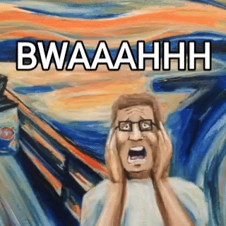 A Painting Of A Man Screaming With Bwaaahhh Written In White Letters GIF