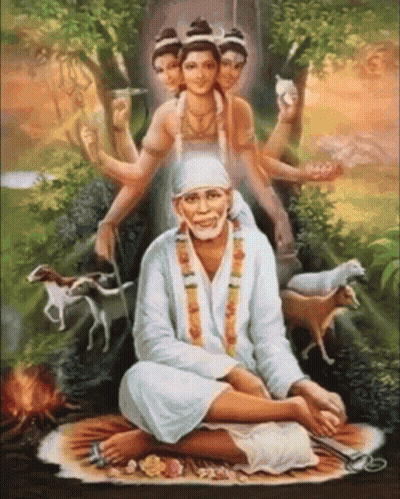 A Painting Of A Man Sitting In A Lotus Position Surrounded By Women And Animals GIF