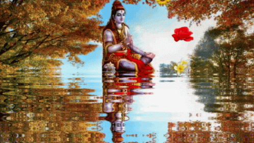A Painting Of A Man Sitting In The Water With A Red Rose GIF