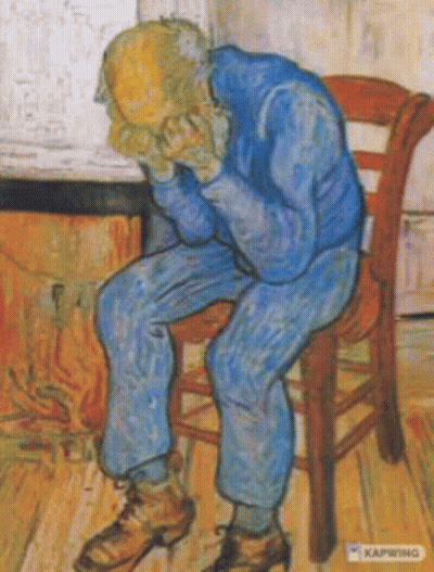 A Painting Of A Man Sitting On A Chair With His Head In His Hands GIF