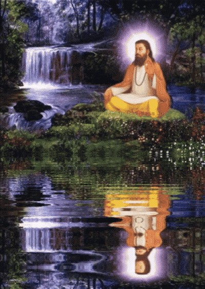 A Painting Of A Man Sitting On A Rock By A Waterfall GIF
