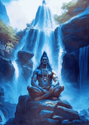 A Painting Of A Man Sitting On A Rock With A Waterfall In The Background GIF