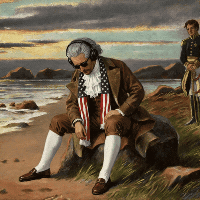 A Painting Of A Man Sitting On A Rock With Headphones On GIF