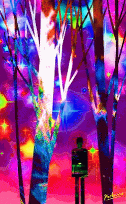 A Painting Of A Man Standing In A Forest With The Name Perkins On The Bottom Left GIF