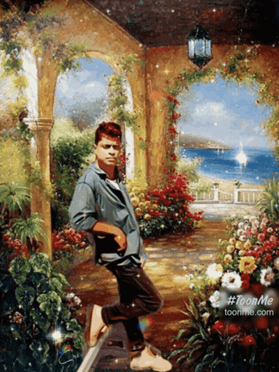 A Painting Of A Man Standing In A Garden With The Website Toonme.com In The Lower Right Corner GIF