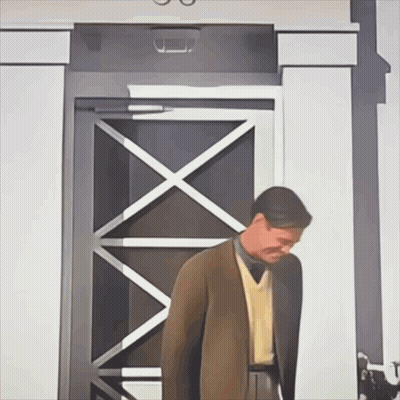 A Painting Of A Man Standing In Front Of A Door With A X On It GIF