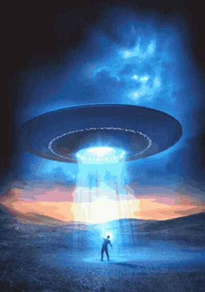 A Painting Of A Man Standing In Front Of A Ufo That Says ' I 'M Sorry ' On It GIF