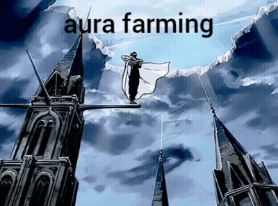 A Painting Of A Man Standing On Top Of A Building With The Words Aura Farming Above Him GIF