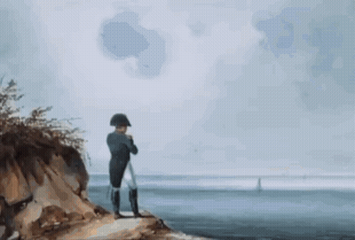 A Painting Of A Man Standing On Top Of A Cliff Overlooking The Ocean . GIF