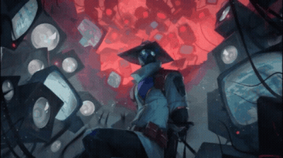 A Painting Of A Man Surrounded By A Bunch Of Televisions With A Red Background GIF