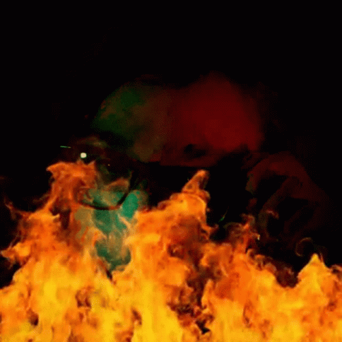 A Painting Of A Man Surrounded By Flames And Smoke GIF