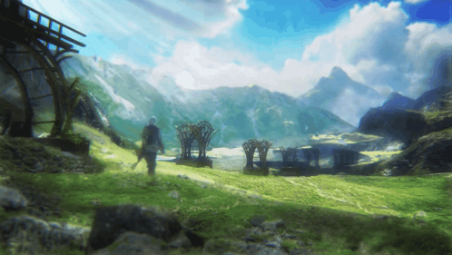 A Painting Of A Man Walking Through A Grassy Field With Mountains In The Background GIF