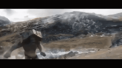 A Painting Of A Man Walking Through A River With Mountains In The Background GIF