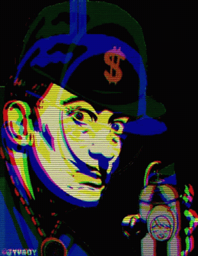 A Painting Of A Man Wearing A Baseball Cap With A Dollar Sign On It GIF