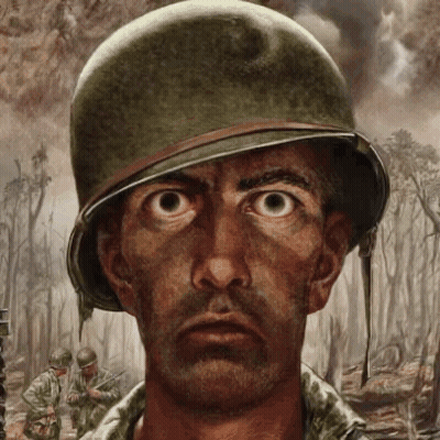 A Painting Of A Man Wearing A Helmet And Looking At The Camera GIF