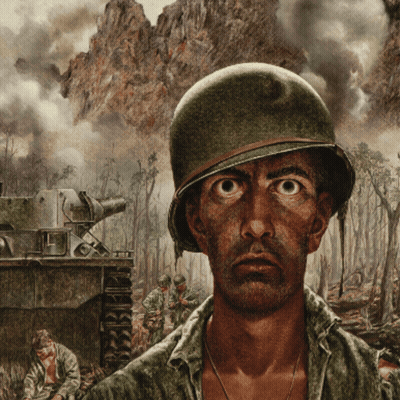 A Painting Of A Man Wearing A Helmet Looking At The Camera GIF