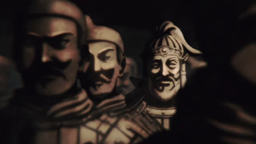 A Painting Of A Man With A Beard And A Helmet With The Number Viii On It GIF