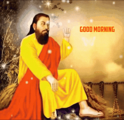 A Painting Of A Man With A Beard And A Yellow Robe With The Words " Good Morning " On The Bottom GIF