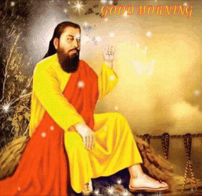 A Painting Of A Man With A Beard And A Yellow Robe With The Words Good Morning On The Bottom GIF