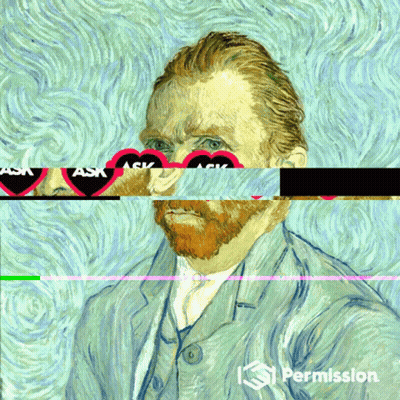 A Painting Of A Man With A Beard And Heart Shaped Sunglasses With Ask Written On It GIF