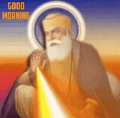 A Painting Of A Man With A Beard And The Words Good Morning Written Above Him GIF