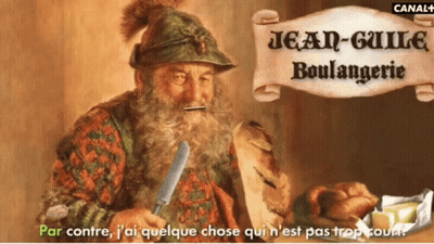 A Painting Of A Man With A Beard Holding A Knife In Front Of A Sign That Says Jean-Guilde GIF