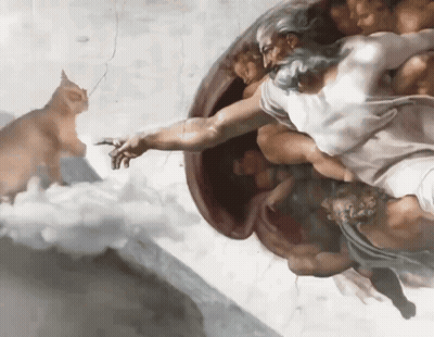 A Painting Of A Man With A Beard Reaching Out To A Cat GIF