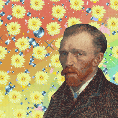 A Painting Of A Man With A Beard Surrounded By Yellow Daisies GIF