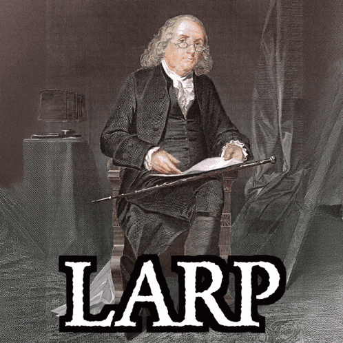 A Painting Of A Man With A Cane And The Word Larp Below Him GIF