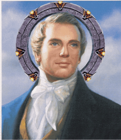 A Painting Of A Man With A Circle Around His Head That Says Stargate GIF