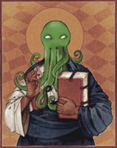 A Painting Of A Man With A Green Octopus On His Face Holding A Book GIF
