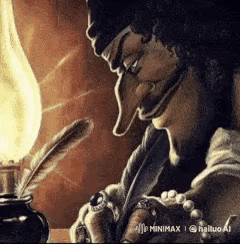 A Painting Of A Man With A Long Nose Writing With A Feather Pen . GIF