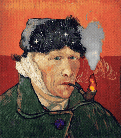 A Painting Of A Man With A Pipe In His Mouth GIF