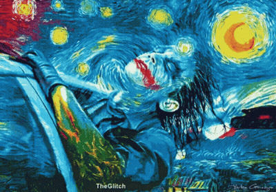 A Painting Of A Man With Blood On His Face And The Words The Glitch On The Bottom GIF