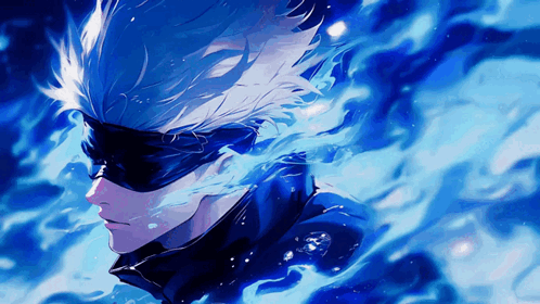 A Painting Of A Man With Blue Hair And A Black Eye Mask GIF
