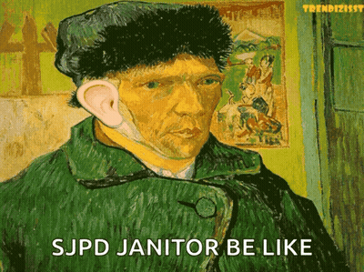 A Painting Of A Man With Fake Ears And The Words Sjpd Janitor Be Like GIF