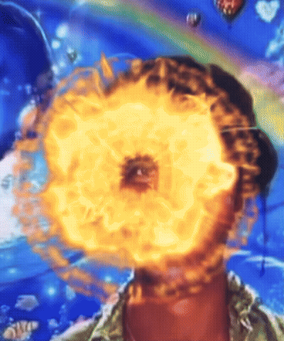 A Painting Of A Man With Flames Coming Out Of His Eyes GIF