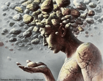 A Painting Of A Man With Rocks Coming Out Of His Head By Tomasz Allen Kopera And George Redhawk GIF