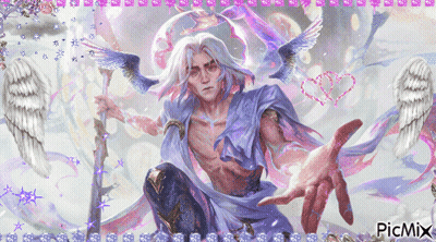 A Painting Of A Man With Wings And A Picmix Logo GIF