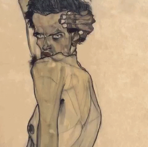 A Painting Of A Man Without A Shirt Holding His Head GIF