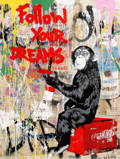 A Painting Of A Monkey Sitting On A Coca Cola Crate GIF