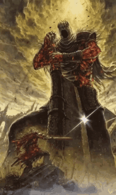 A Painting Of A Monster Holding A Sword And A Skeleton GIF