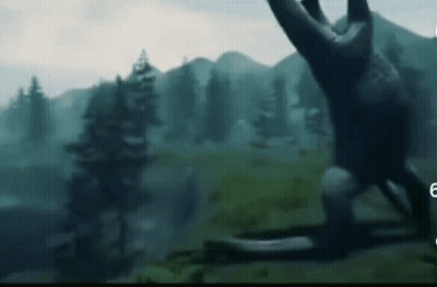 A Painting Of A Monster In A Forest With Mountains In The Background . GIF