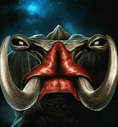 A Painting Of A Monster With A Red Nose And Long Horns GIF