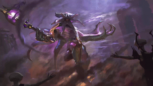 A Painting Of A Monster With Purple Horns And A Purple Staff GIF