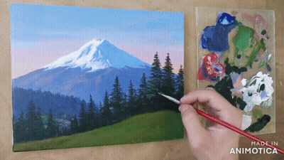 A Painting Of A Mountain And Trees Is Being Painted On A Canvas GIF