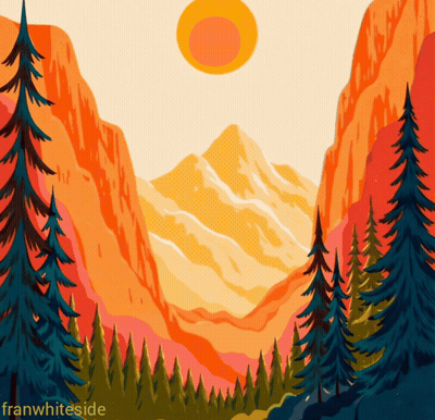A Painting Of A Mountain Range With Trees In The Foreground And The Name Franwhiteside At The Bottom GIF