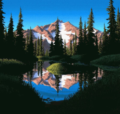 A Painting Of A Mountain Reflected In A Lake GIF