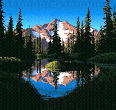 A Painting Of A Mountain Reflected In A Lake GIF