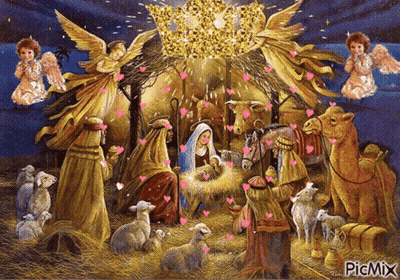 A Painting Of A Nativity Scene With Angels And Hearts Surrounding It GIF
